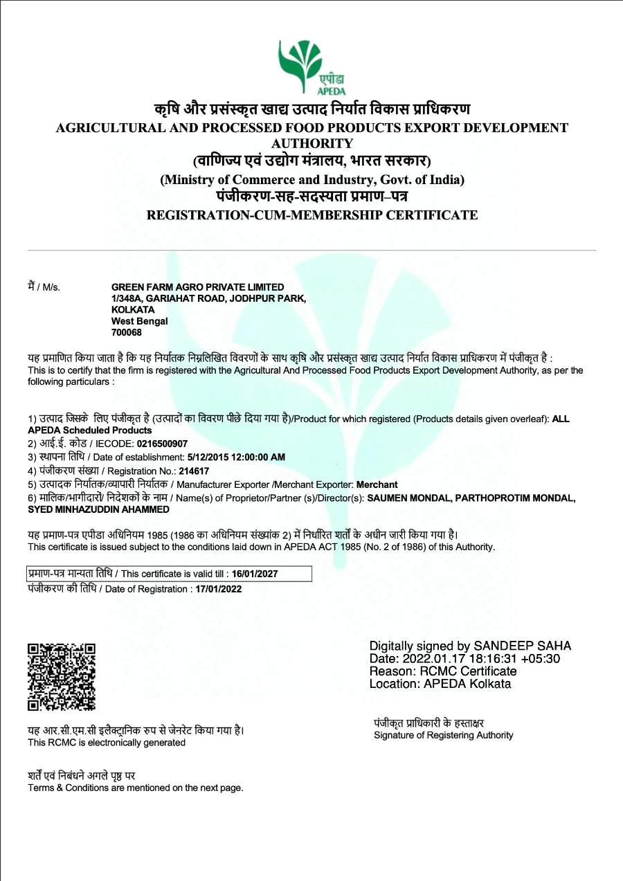 APEDA Registration-cum-Membership Certificate for Green Farm Agro Private Limited, registration number 214617, IEC 0216500907, merchant exporter, all APEDA scheduled products, valid till 16 January 2027