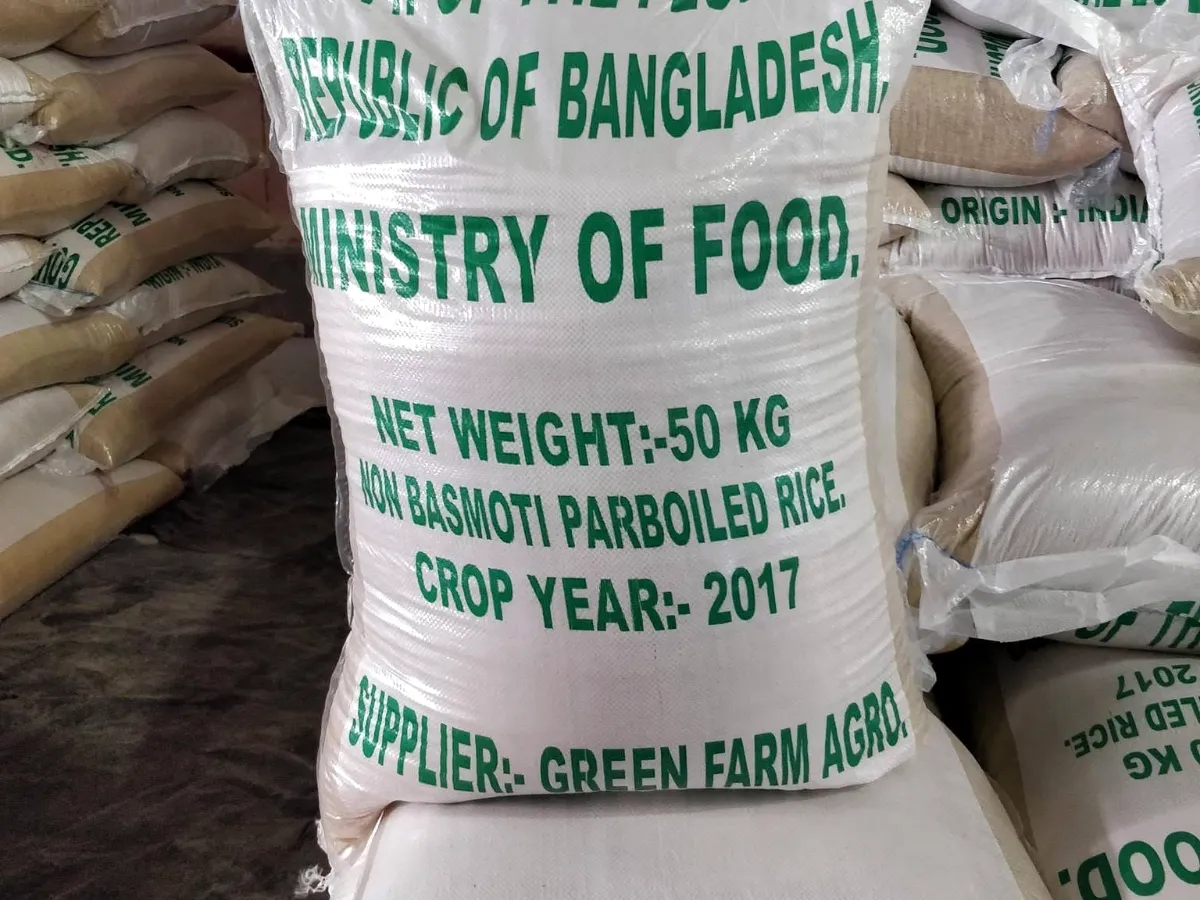 50 kg bag printed Govt. of the People's Republic of Bangladesh, Ministry of Food, non-basmati parboiled rice, crop year 2017, supplier Green Farm Agro